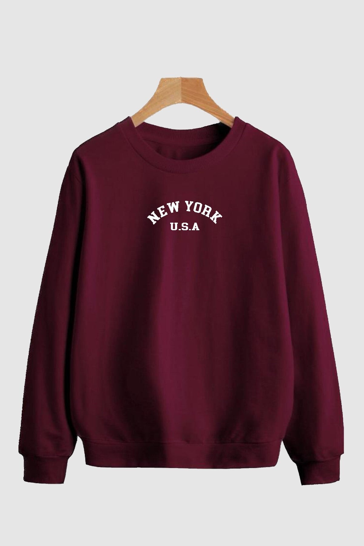 Pamuklu Oversize New York Baskılı Bisiklet Yaka Bordo Sweatshirt