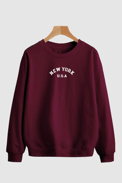 Pamuklu Oversize New York Baskılı Bisiklet Yaka Bordo Sweatshirt