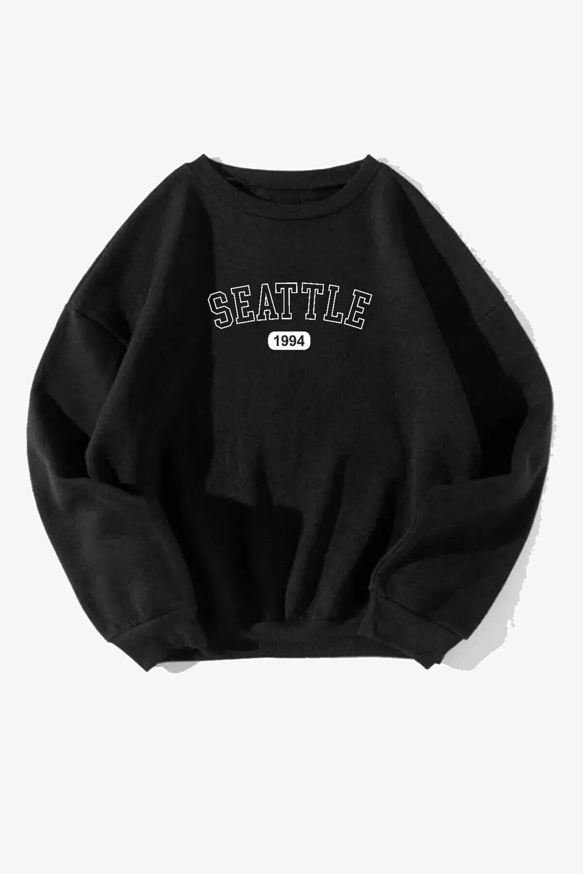 Pamuklu Oversize Seattle Baskılı Bisiklet Yaka Siyah Sweatshirt