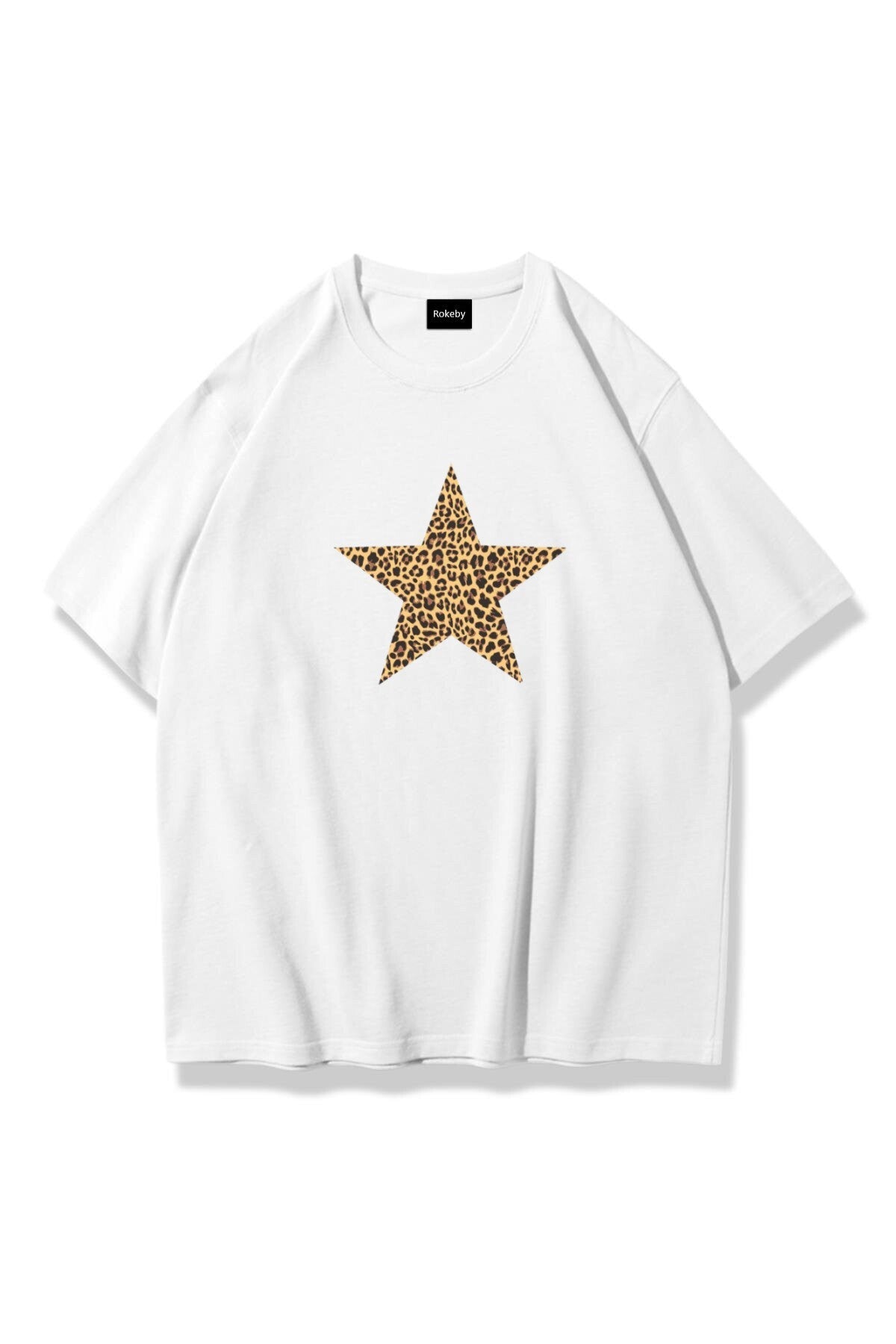 Kadın Leopar Yıldız Baskılı Bisiklet Yaka Pamukt Oversize Yuvarlak Yakalı Beyaz T-shirt