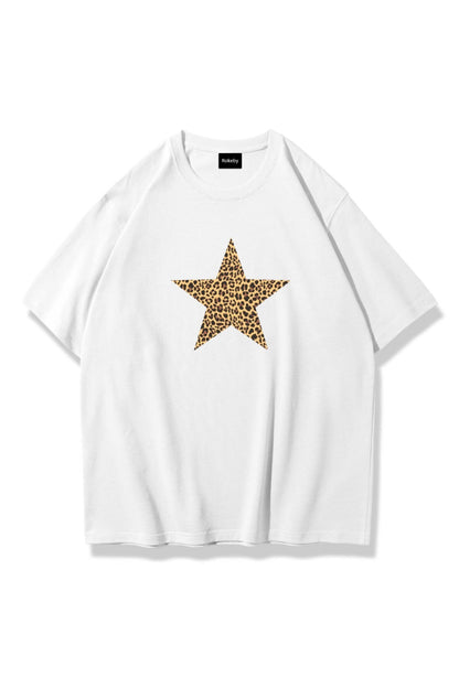 Kadın Leopar Yıldız Baskılı Bisiklet Yaka Pamukt Oversize Yuvarlak Yakalı Beyaz T-shirt
