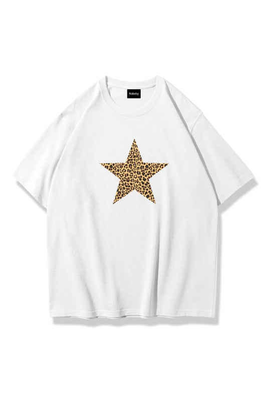 Kadın Leopar Yıldız Baskılı Bisiklet Yaka Pamukt Oversize Yuvarlak Yakalı Beyaz T-shirt