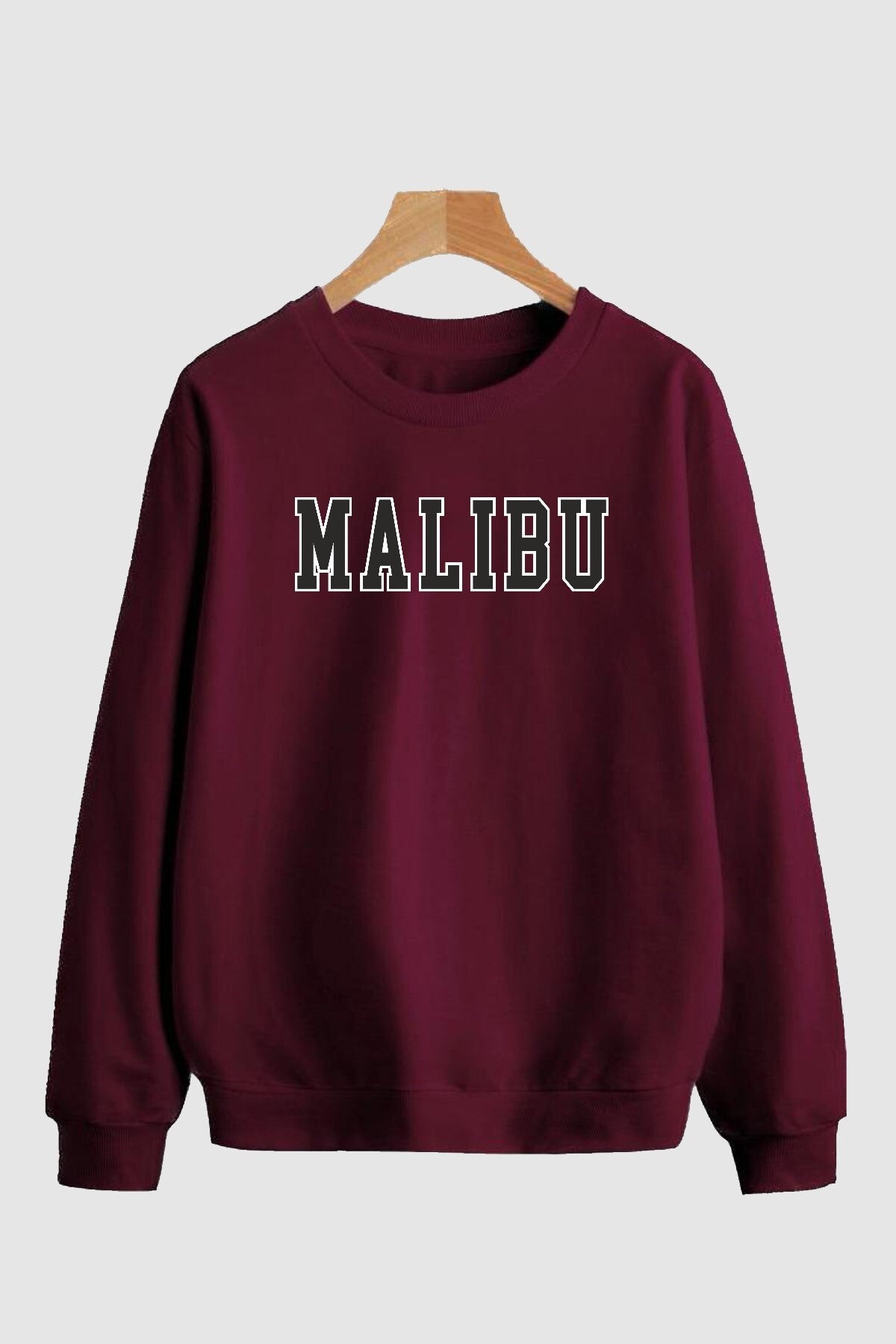 Pamuklu Oversize Malibu Baskılı Bisiklet Yaka Bordo Sweatshirt