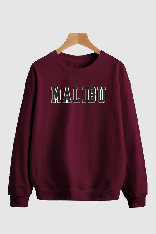 Pamuklu Oversize Malibu Baskılı Bisiklet Yaka Bordo Sweatshirt