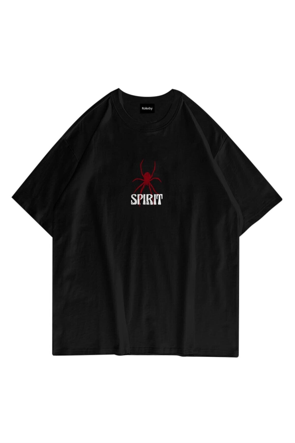 Unisex Spirit Baskılı Bisiklet Yaka Pamukt Oversize Yuvarlak Yakalı Siyah T-shirt