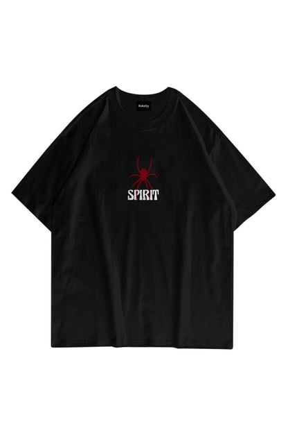 Unisex Spirit Baskılı Bisiklet Yaka Pamukt Oversize Yuvarlak Yakalı Siyah T-shirt