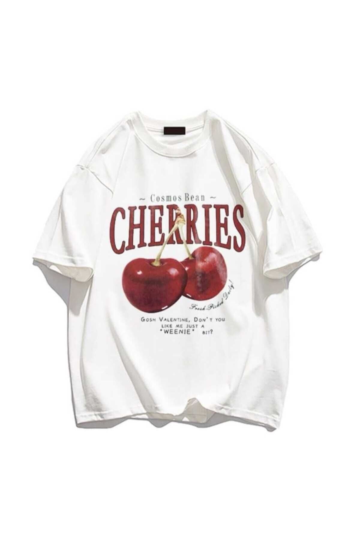 Kadın Cherry Baskılı Bisiklet Yaka Pamukt Oversize Yuvarlak Yakalı Beyaz T-shirt