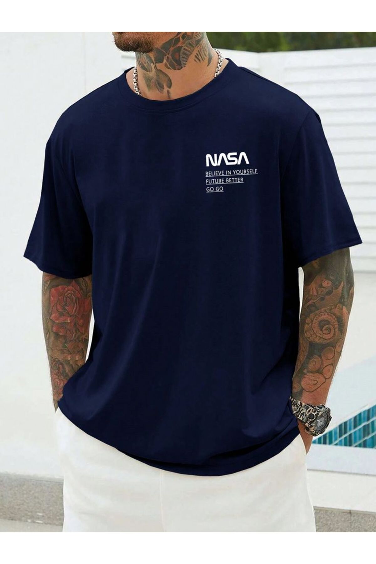 Pamuk Penye Kumaş Oversize Nasa Baskılı Lacivert T-shirt