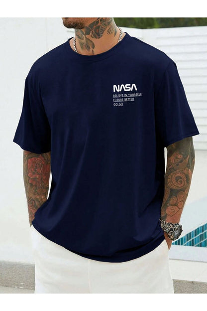 Pamuk Penye Kumaş Oversize Nasa Baskılı Lacivert T-shirt