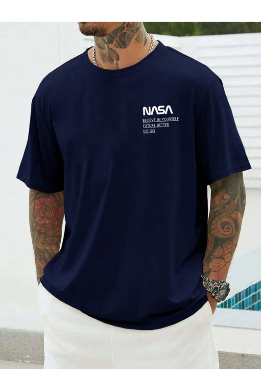Pamuk Penye Kumaş Oversize Nasa Baskılı Lacivert T-shirt