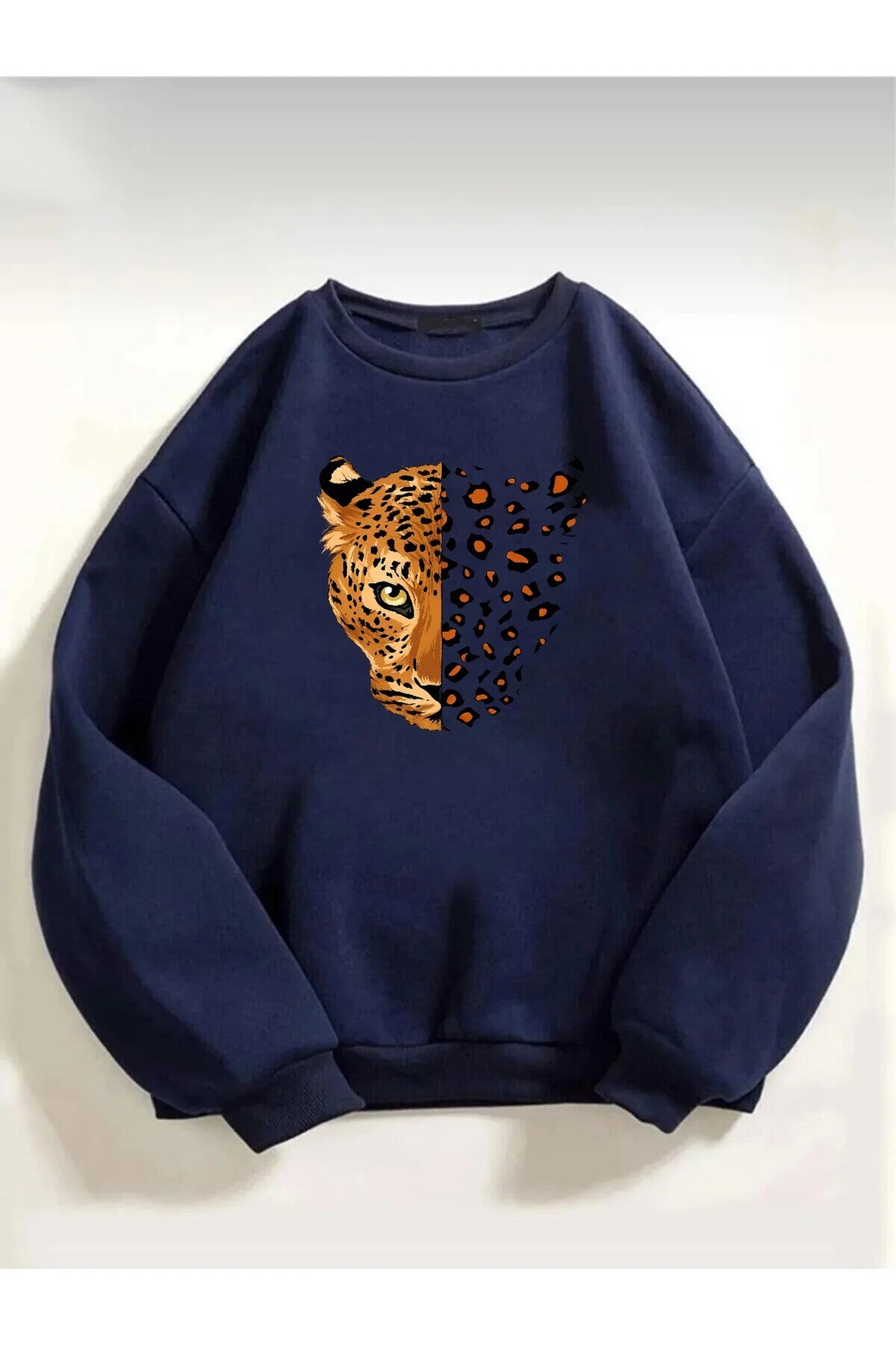 Unisex Yarım Yüz Leopar Baskılı Bisiklet Yaka Lacivert Sweatshirt