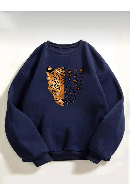 Unisex Yarım Yüz Leopar Baskılı Bisiklet Yaka Lacivert Sweatshirt