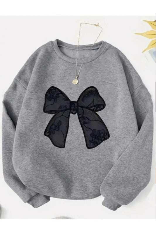 Kadın Siyah Desenli Kurdale Baskılı Bisiklet Yaka Gri Sweatshirt