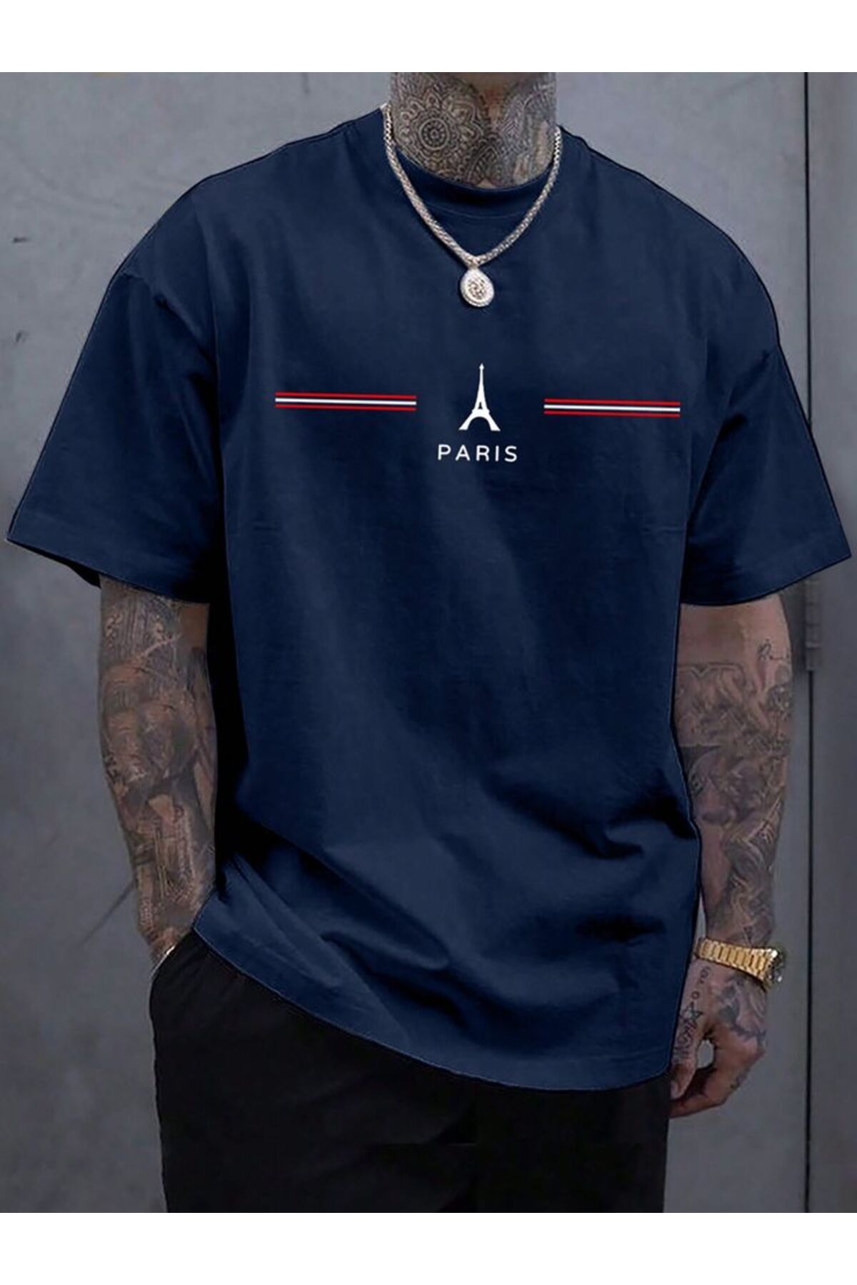 Pamuk Penye Kumaş Oversize Paris Baskılı Lacivert T-shirt