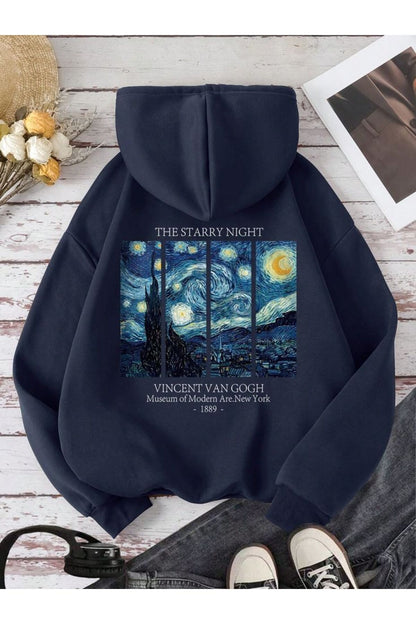 Unisex Van Gogh Sırt Baskılı Kapüşonlu Oversize Kanguru cepli Lacivert Sweatshirt