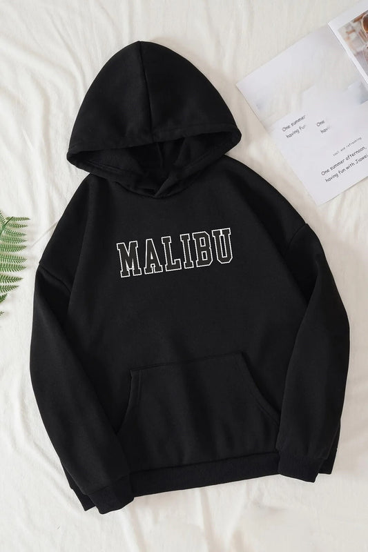 Pamuklu Oversize Malibu Baskılı Kanguru Cepli Kapüşonlu Siyah Sweatshirt Hoodie