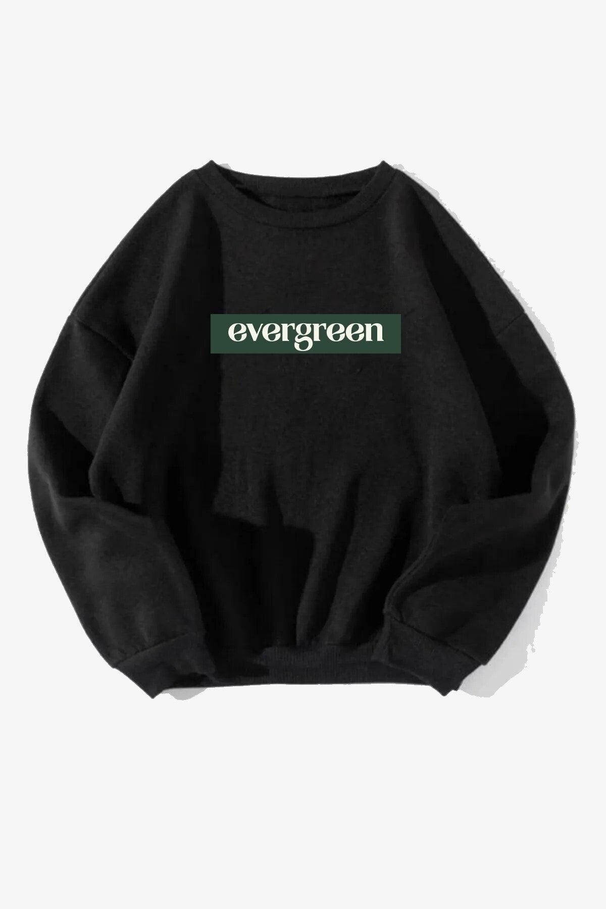 Unisex Pamuk Oversize Evergreen Baskılı Siyah Sweatshirt
