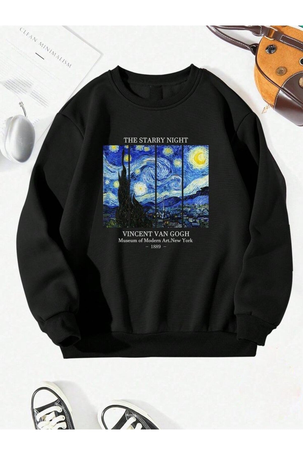 Unisex Van Gogh Baskılı Bisiklet Yaka Siyah Sweatshirt
