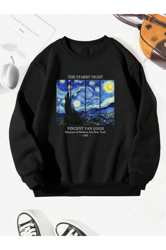 Unisex Van Gogh Baskılı Bisiklet Yaka Siyah Sweatshirt