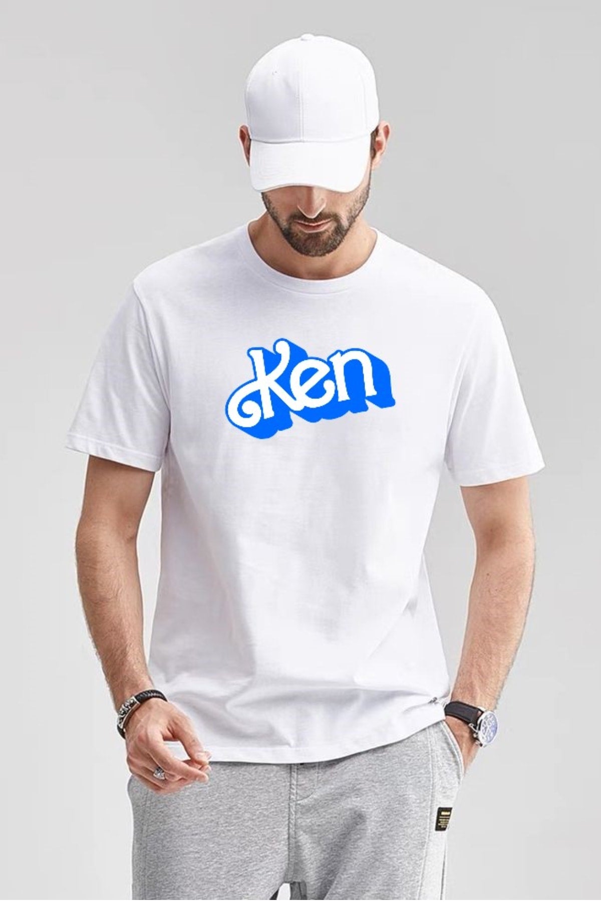 Erkek Beyaz Oversize Bisiklet Yaka Ken Baskılı Pamuklu T-Shirt