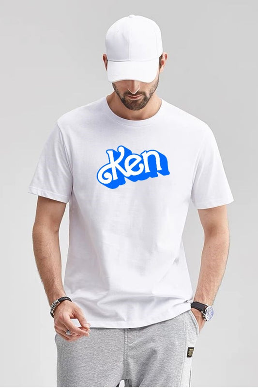 Erkek Beyaz Oversize Bisiklet Yaka Ken Baskılı Pamuklu T-Shirt
