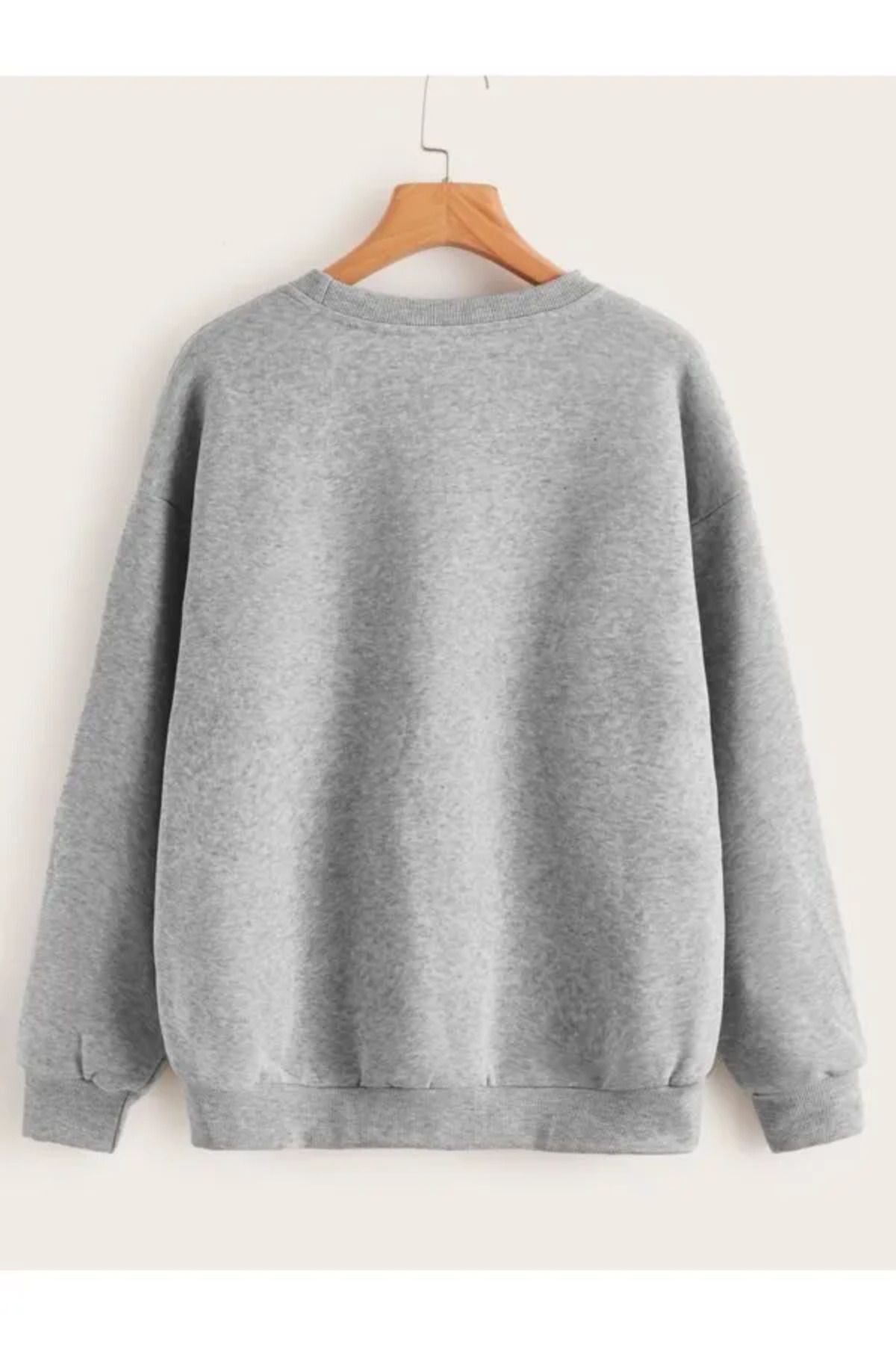 Pamuklu Unisex Oversize Basic Düz Bisiklet Yaka Gri Sweatshirt
