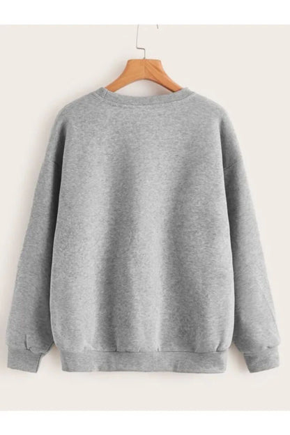 Pamuklu Unisex Oversize Basic Düz Bisiklet Yaka Gri Sweatshirt