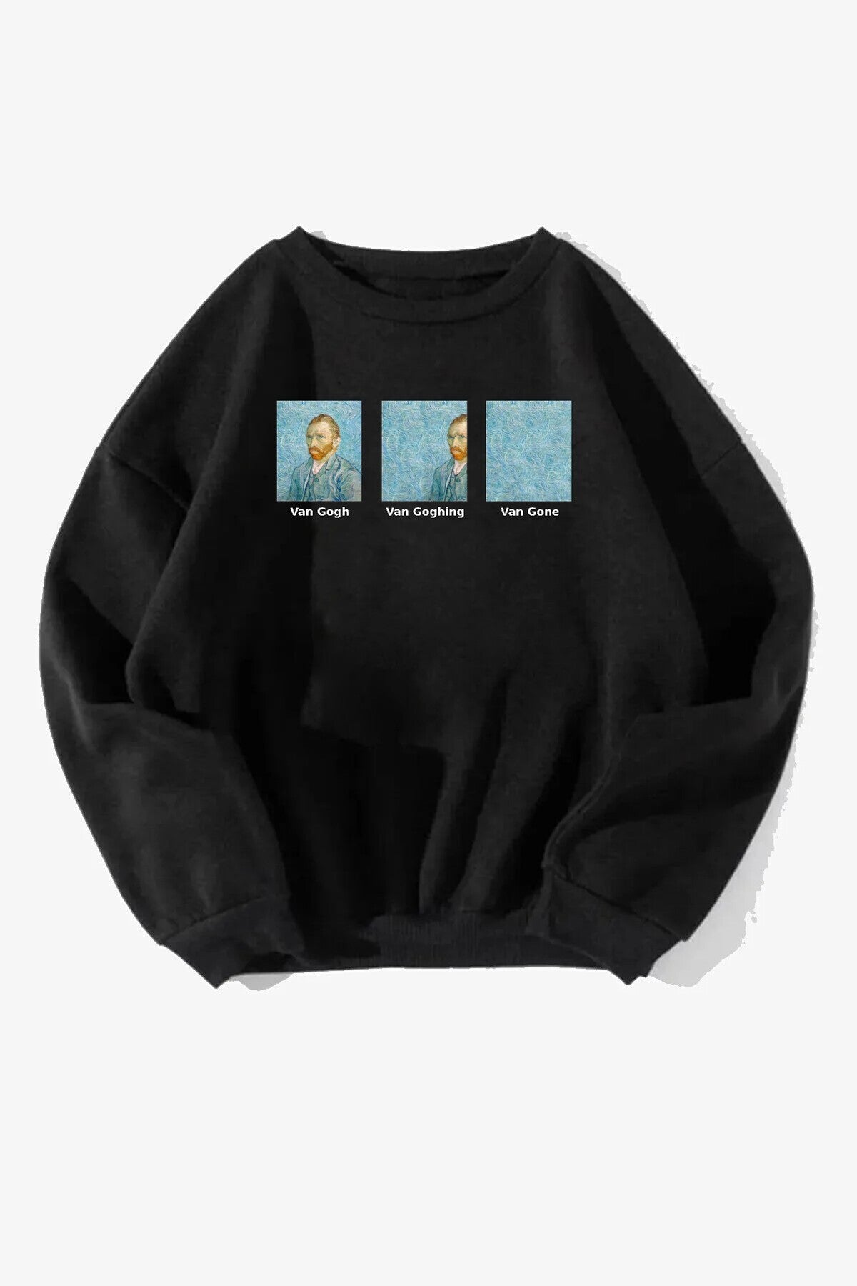 Unisex Siyah Van gogh Baskılı Bisiklet Yaka Oversize Sweatshirt