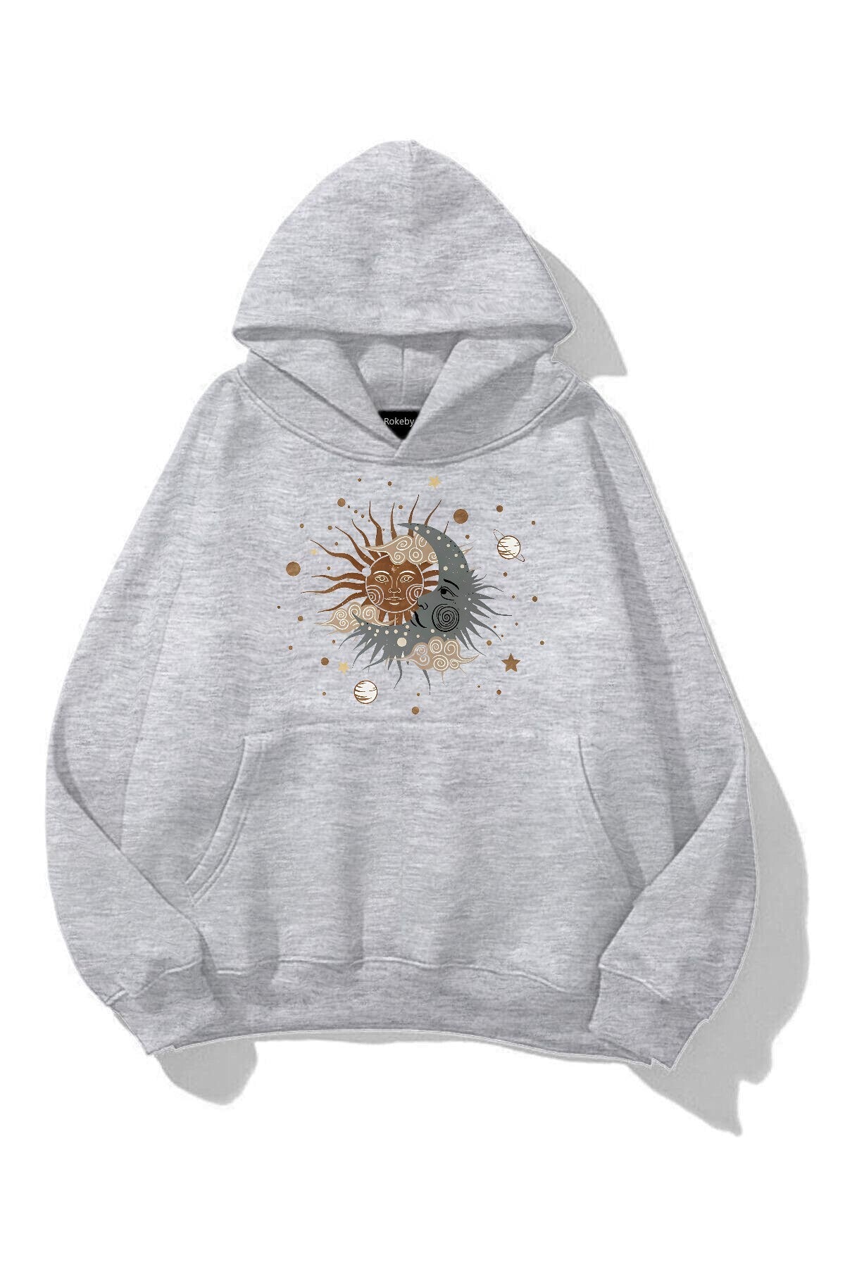 Unisex Ay Yıldız Baskılı Gri Kapüşonlu Kanguru Cepli Sweatshirt