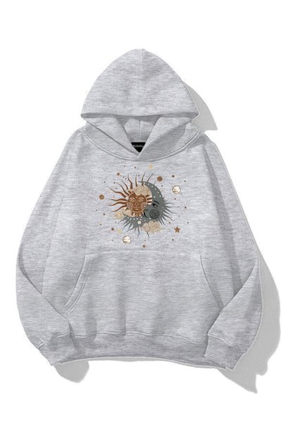 Unisex Ay Yıldız Baskılı Gri Kapüşonlu Kanguru Cepli Sweatshirt