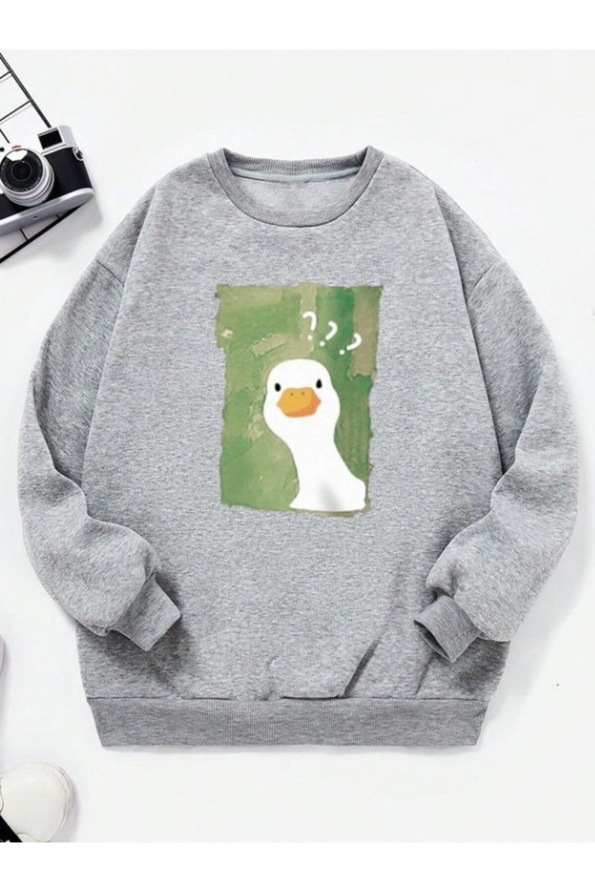 Unisex Ördek Baskılı Bisiklet Yaka Gri Sweatshirt