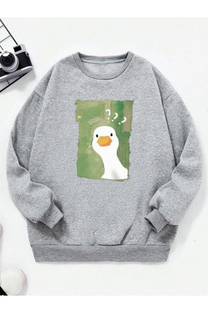 Unisex Ördek Baskılı Bisiklet Yaka Gri Sweatshirt