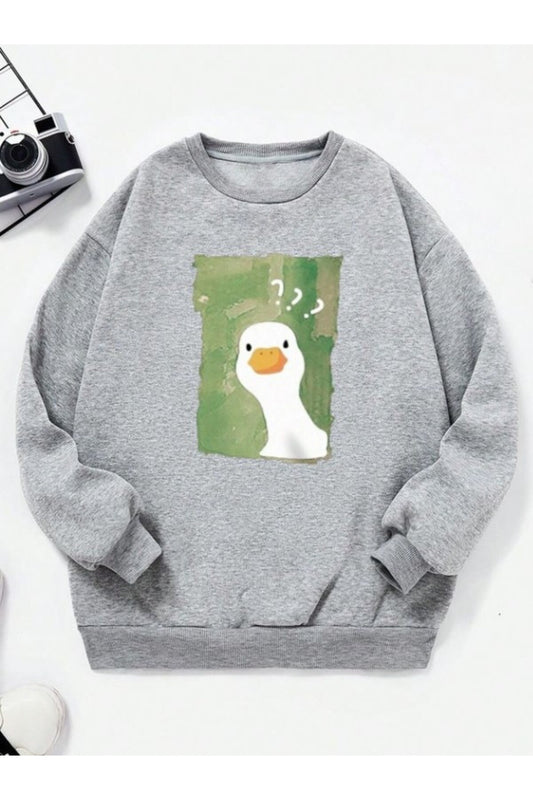 Unisex Ördek Baskılı Bisiklet Yaka Gri Sweatshirt