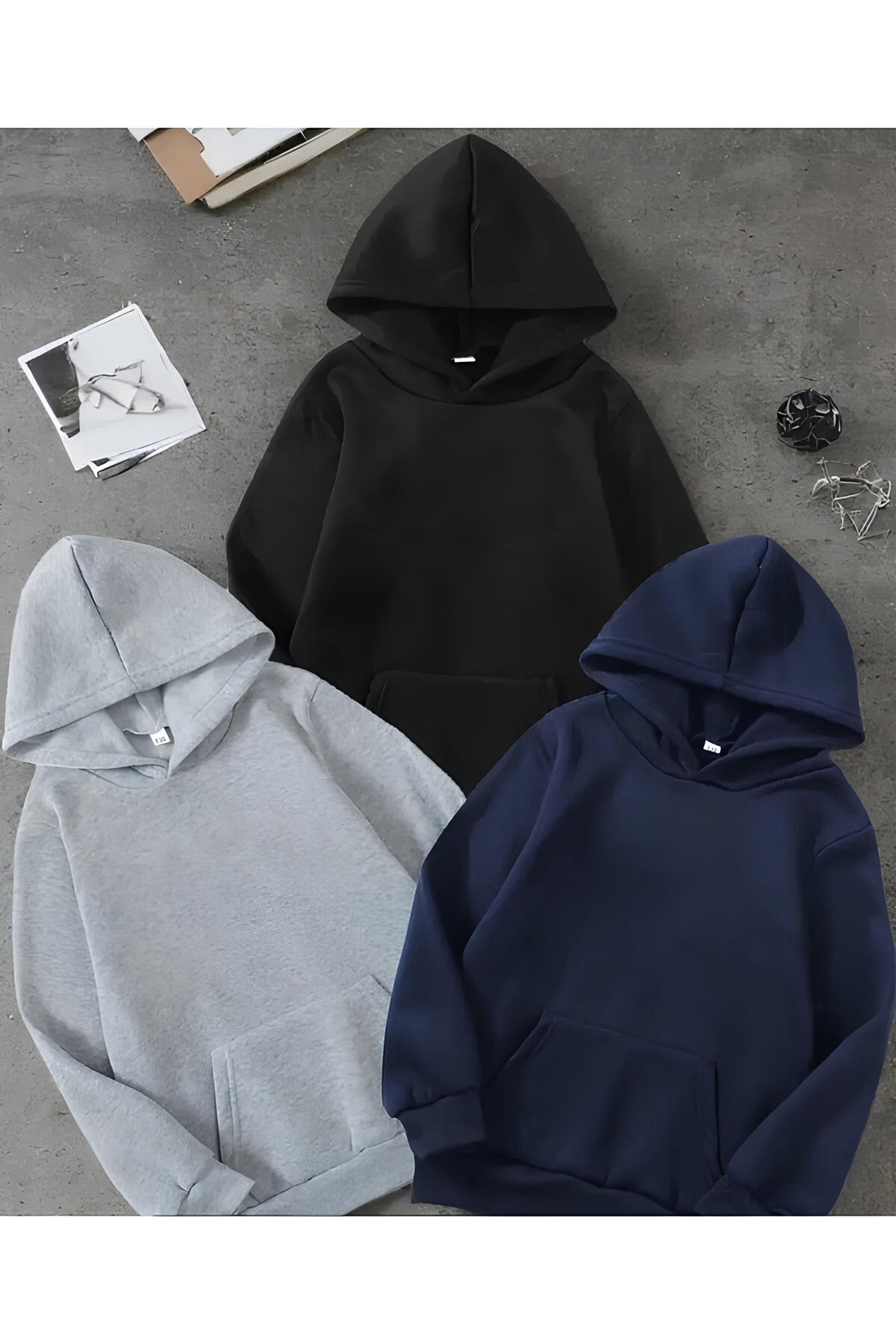 Unisex 3'Lü Lacivert - Siyah - Gri Kanguru Cepli Kapüşonlu Basic Düz Sweatshirt Set Hoodie