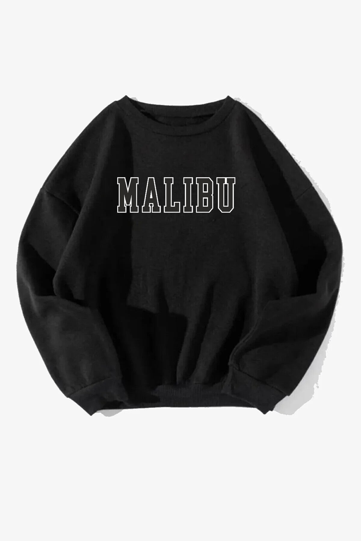 Pamuklu Oversize Malibu Baskılı Bisiklet Yaka Siyah Sweatshirt