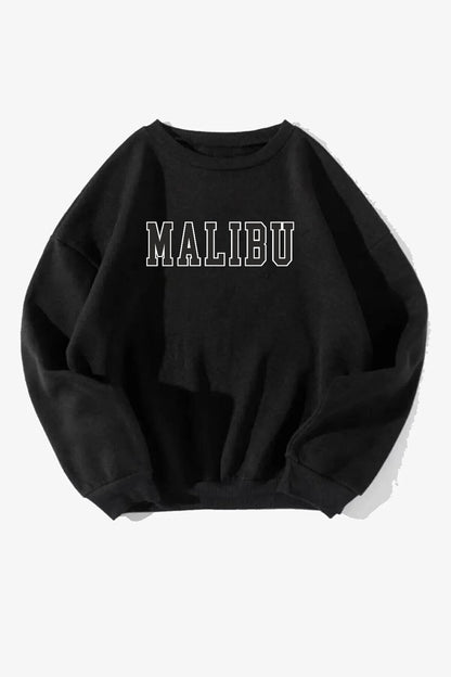 Pamuklu Oversize Malibu Baskılı Bisiklet Yaka Siyah Sweatshirt