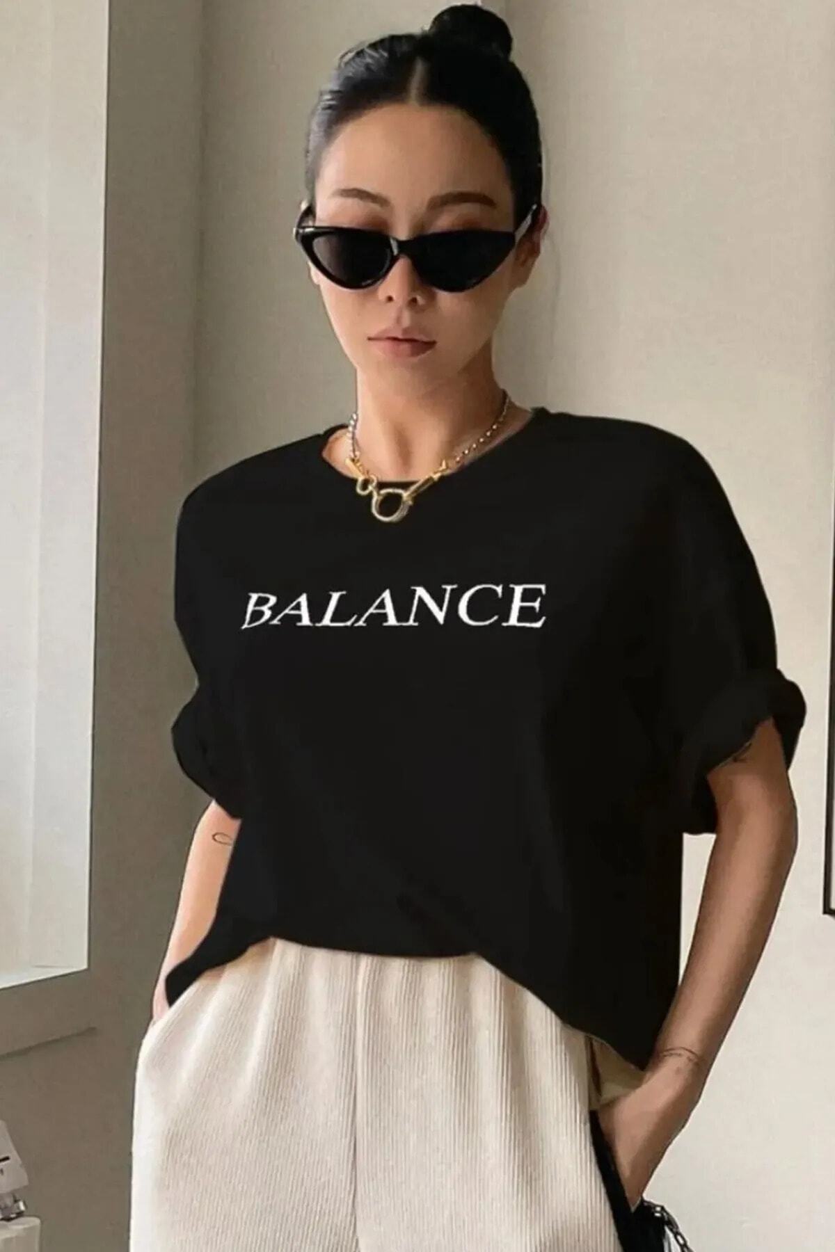 Unisex Balance Baskılı Oversize Boyfriend T-Shirt