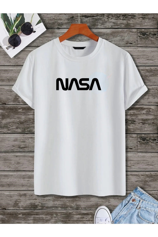 Unisex Pamuk Penye Kumaş Oversize Nasa Baskılı Beyaz Tshirt