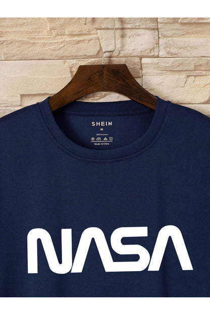 Unisex Pamuk Penye Kumaş Oversize Nasa Baskılı Lacivert T-shirt