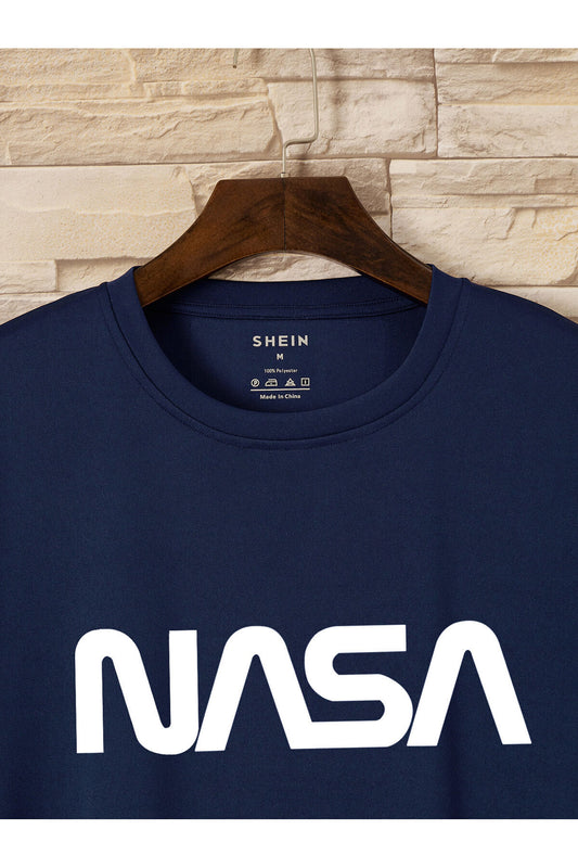 Unisex Pamuk Penye Kumaş Oversize Nasa Baskılı Lacivert T-shirt