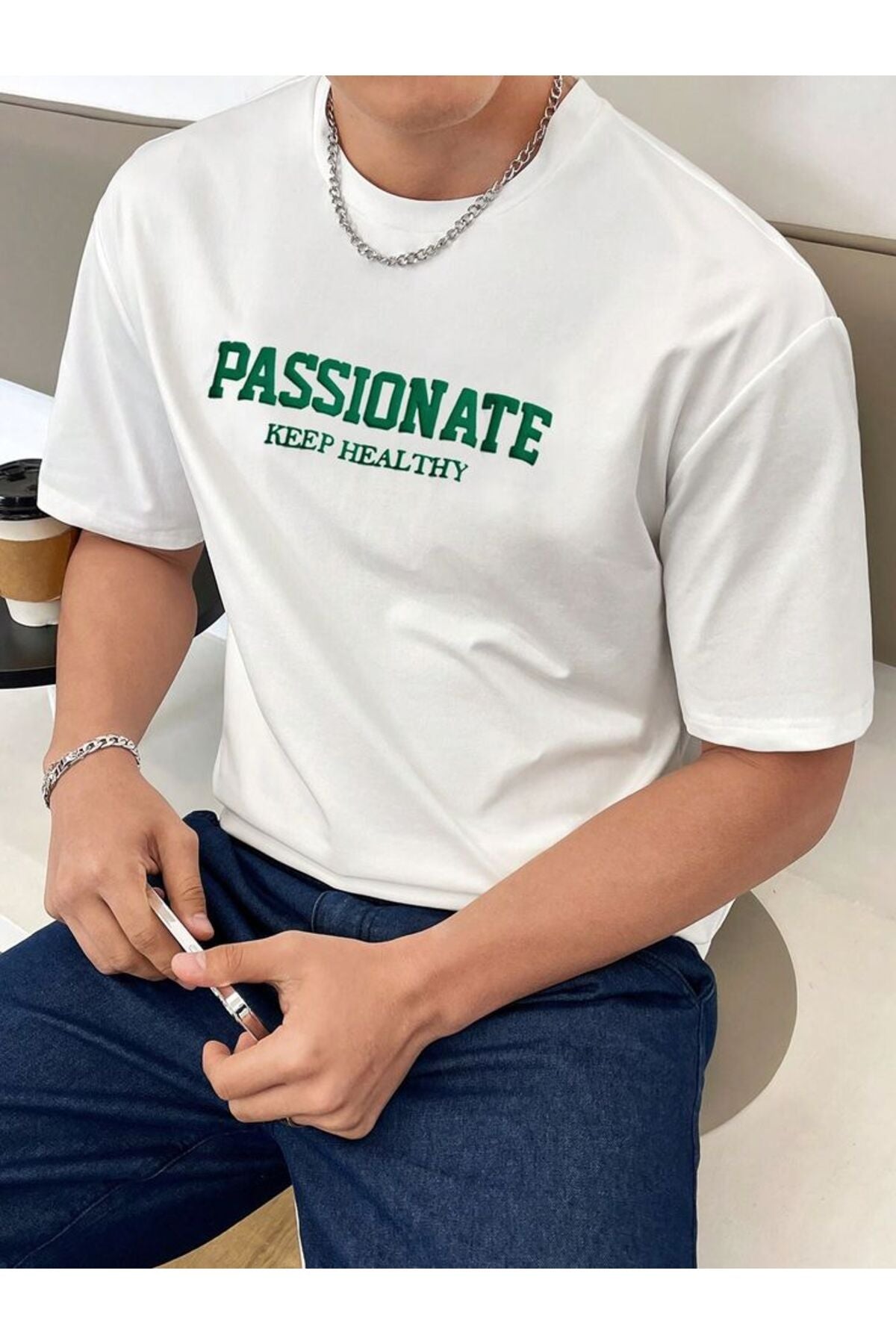 Pamuk Penye Kumaş Oversize Passionate Baskılı Beyaz T-shirt