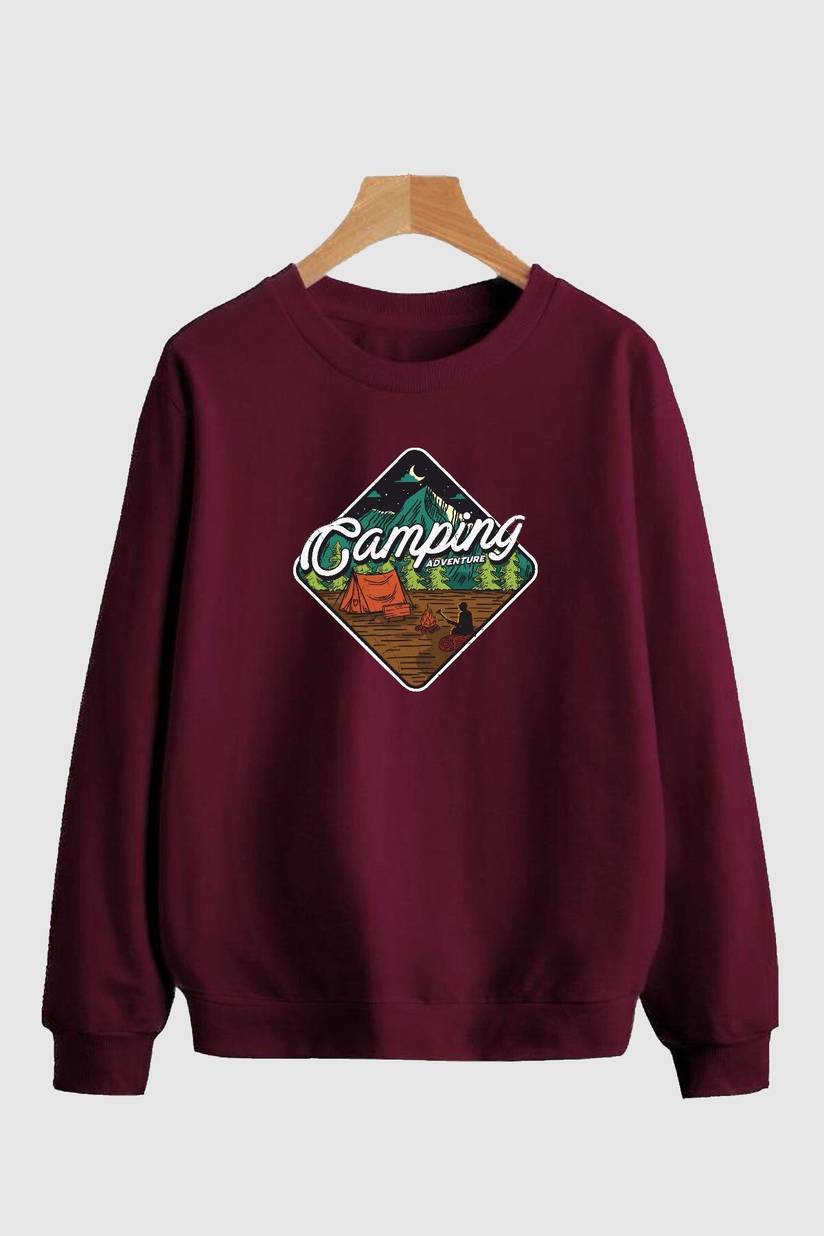Unisex Camping Baskılı Oversize Bordo Sweatshirt