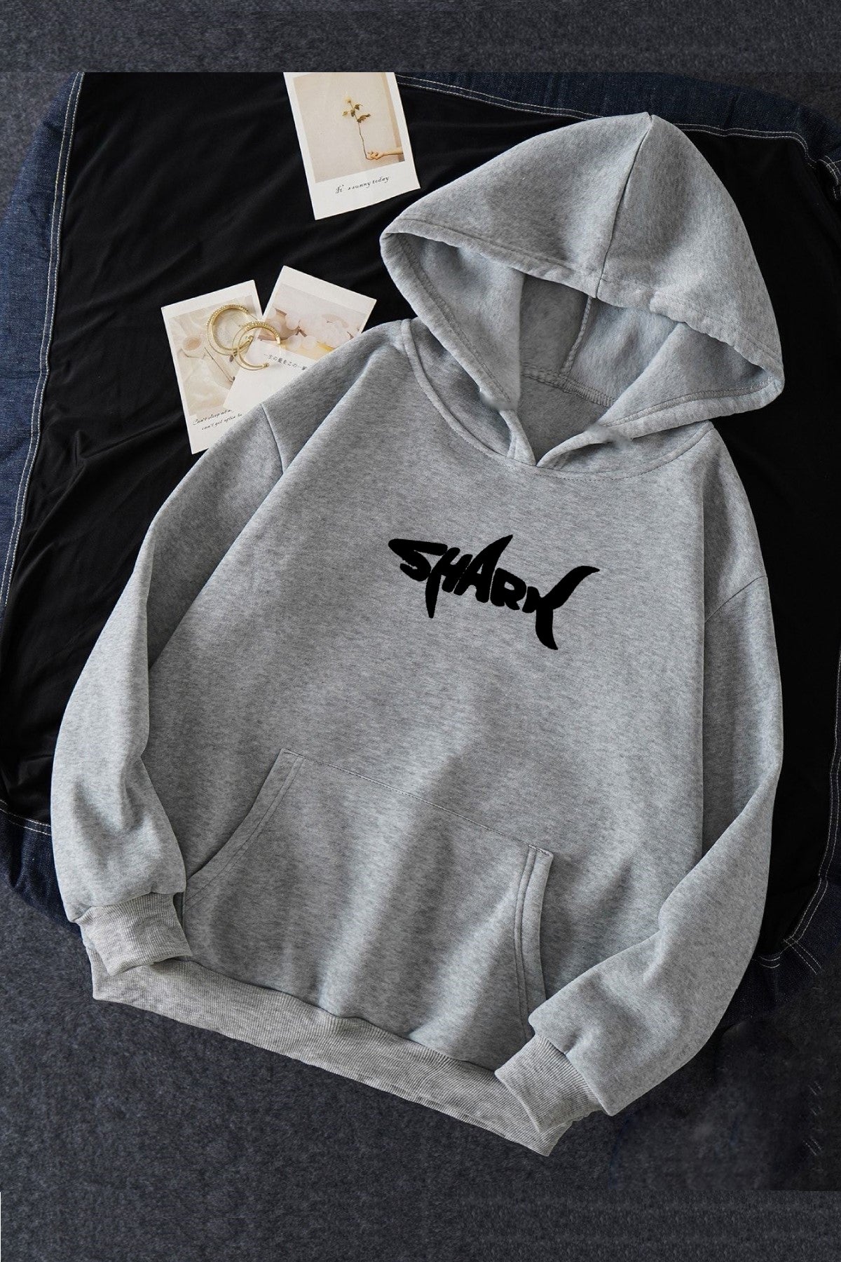 Shark Baskılı Unisex Gri Kanguru Cepli Kapüşonlu Sweatshirt Hoodie
