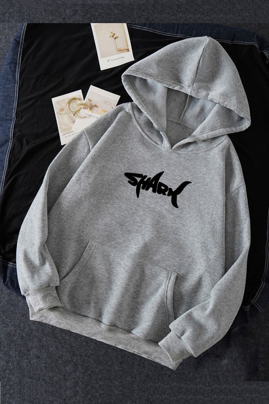 Shark Baskılı Unisex Gri Kanguru Cepli Kapüşonlu Sweatshirt Hoodie