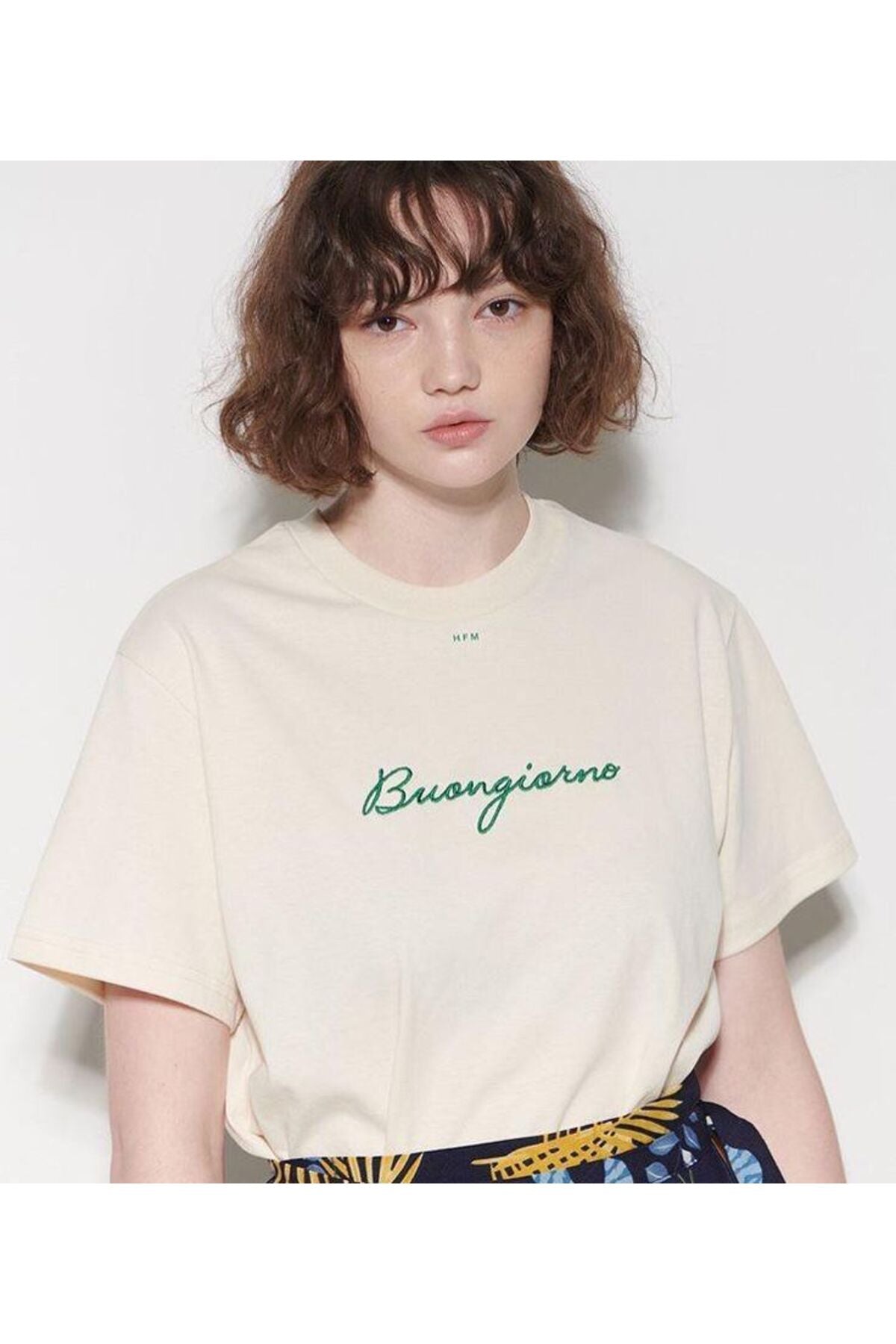Pamuk Penye Kumaş Oversize Buongiorno Baskılı Bej T-shirt