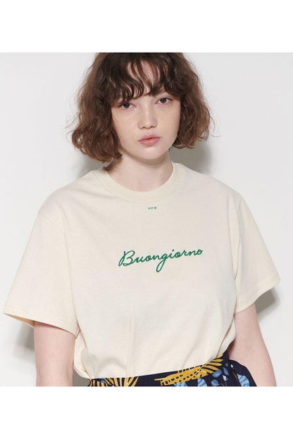 Pamuk Penye Kumaş Oversize Buongiorno Baskılı Bej T-shirt