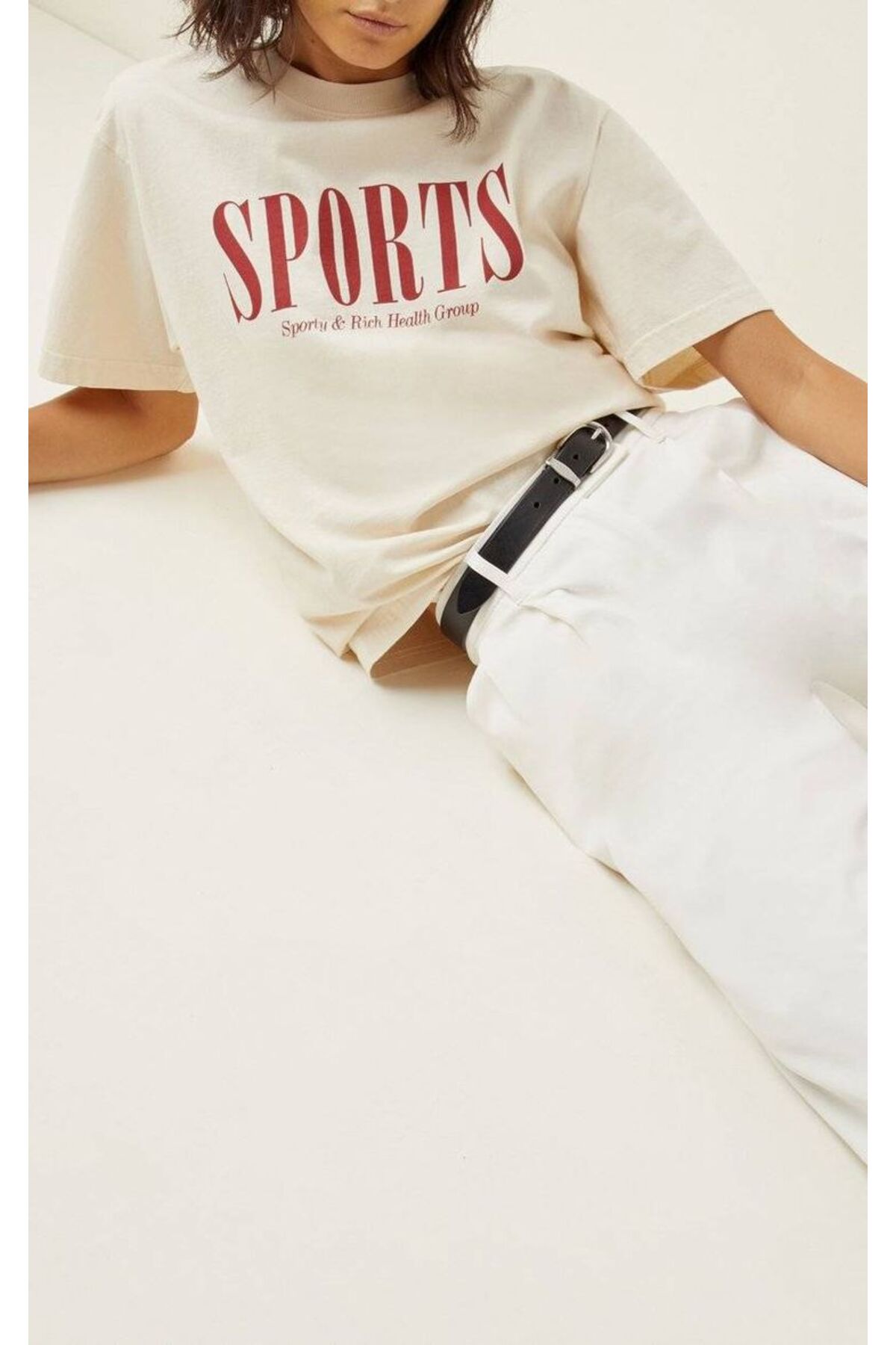 Pamuk Penye Kumaş Oversize Sports Baskılı Bej T-shirt
