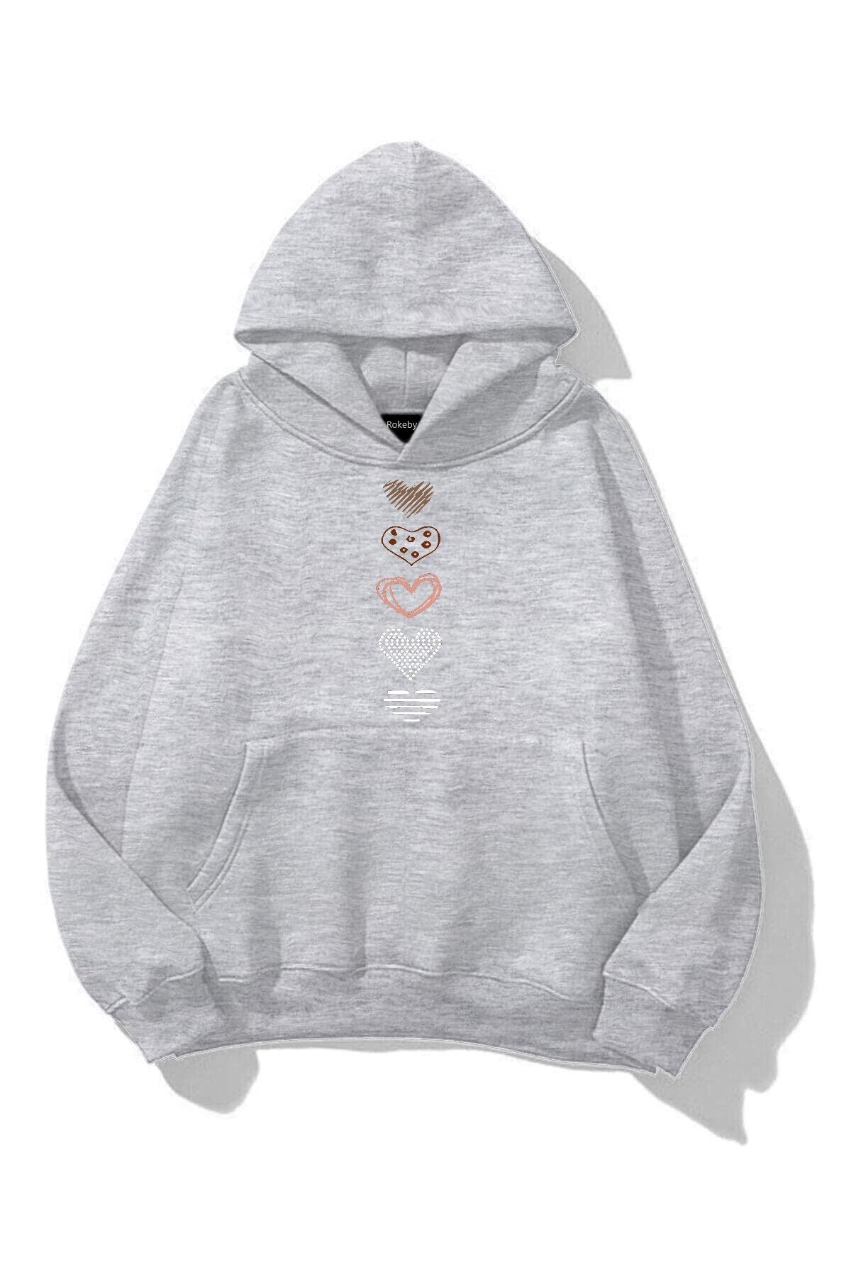 Unisex Kalp Baskılı Gri Kapüşonlu Kanguru Cepli Sweatshirt