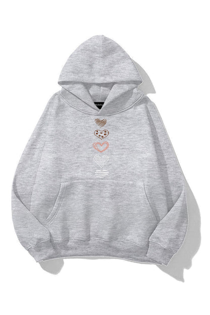 Unisex Kalp Baskılı Gri Kapüşonlu Kanguru Cepli Sweatshirt