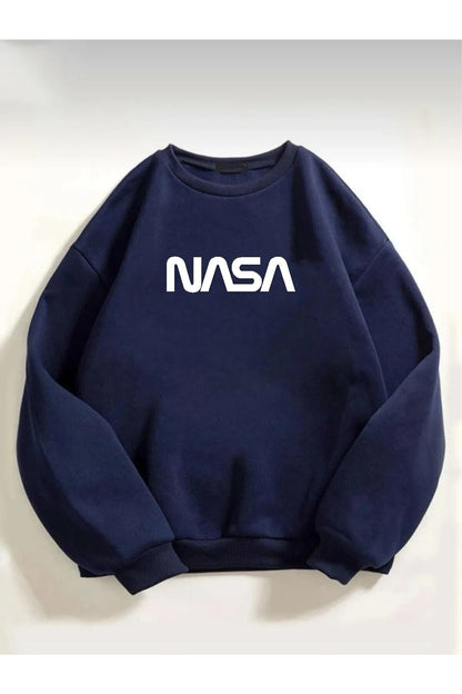 Unisex Pamuk Oversize Nasa Baskılı Lacivert Sweatshirt